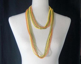 Multistrand Beaded Necklace, Vintage Orange, Green and Yellow Beaded 55" Necklace, 4 Strand Necklace, Flapper Necklace, Gift for Her. 1970s.