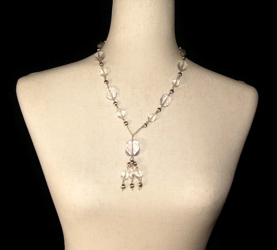 Vintage Silver Tone and Clear Acrylic Beads 21 Inch Y Necklace