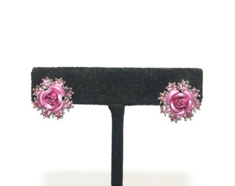 Vintage Avon Silver Tone, Pink Rhinestones and Pink Enamel, Flower Stud Earrings. Avon Hallmark. Floral Motif.