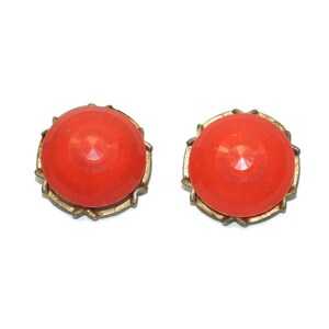 Vintage West Germany Round Gold Tone Domed Orange Faceted Plastic Clip on Earrings. Marked W GERMANY.
