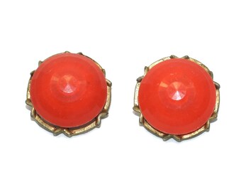 Vintage West Germany Round Gold Tone Domed Orange Faceted Plastic Clip on Earrings. Marked W GERMANY.