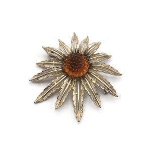Large Flower Brooch Pendant, 1960a Vintage Sarah Coventry Gold Tone and Orange Plastic Center, Sarah Cov Hallmark, Gift for Her.