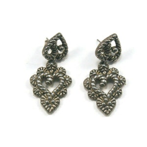 Vintage Silver Tone Floral Heart Design Dangle Earrings with Post backs for Pierced Ears.