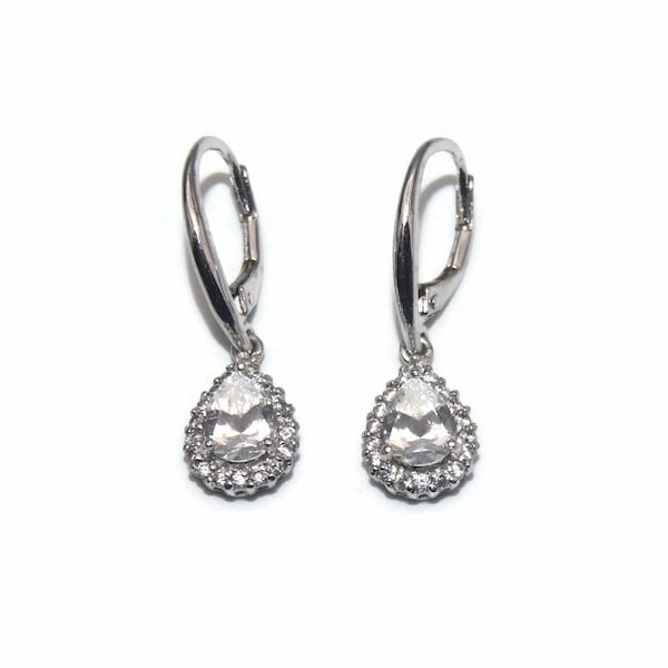 Vintage Jacmel Sterling Silver and Clear CZ Teardrop Dangle Earrings with Latch Backs for Pierced Ears. JCM CZ Thailand 925 Hallmark.