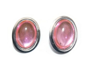 Vintage Silver Tone and Pink Resin Oval Stud Earrings with Post Backs for Pierced Ears.