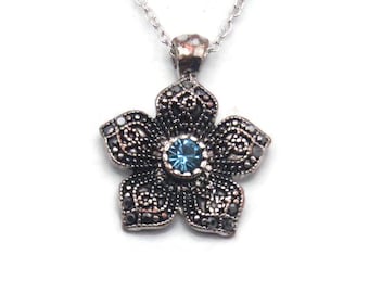 Flower Pendant Necklace, Vintage Silver Tone, Blue Stone and Marcasite Flower Pendant on 18 Inch Cable Chain with Lobster Claw Clasp.