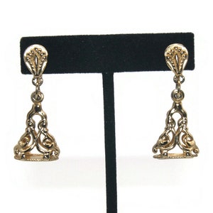 Fancy Vintage Gold Tone Screw Back Dangle Earrings.