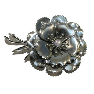 Vintage Coro Silver Tone and AB Rhinestone Flower Brooch. Hallmarked Coro.
