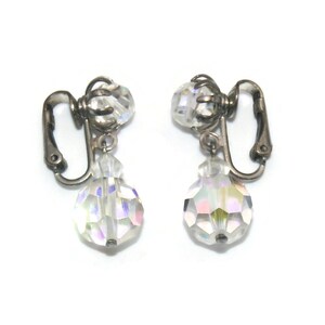 Vintage Silver Tone and AB Crystal Beads Clip on Dangle Earrings.