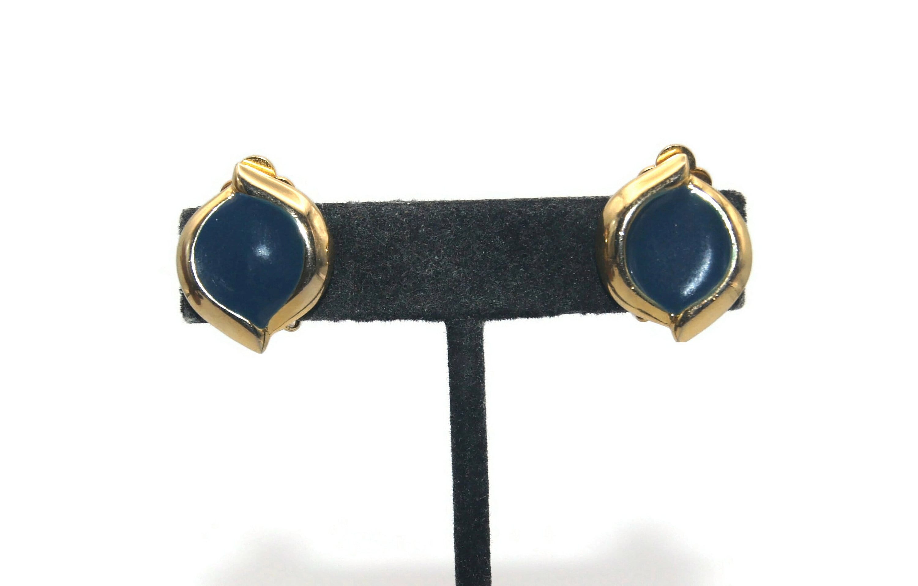 Boucles D'oreilles Clips Vintage En émail Bleu - Occasion, Alliage Doré, Style Rétro