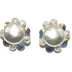 Vintage Faux Pearls and AB Rhinestones Clip on Earrings.