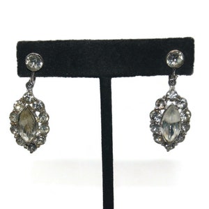 Vintage Coro Silver Tone and Clear Rhinestones Dangle Screw Back Earrings. Coro Hallmark.