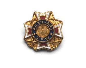 Vintage VFW Auxiliary Membership Pin, Gold Tone, Blue Red White Enamel Veterans of Foreign Wars Membership Pin, Gift for Him, Gift for Her.