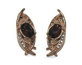 Fancy Vintage Gold Tone with Clear and Purple Rhinestones Stud Earrings with Post Backs for Pierced Ears.