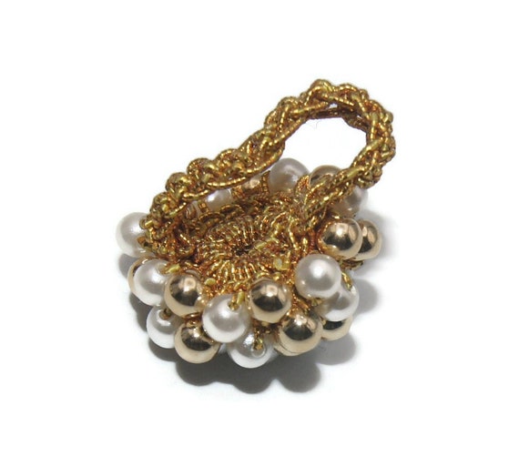Vintage Gold Tone and Faux Pearls Domed Adjustabl… - image 6