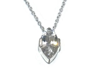 Vintage Silver Tone Solitaire Navette Marquise Cut Clear Open Back Pendant, Signed AVON on 18 inch Sterling Silver Plated Chain.
