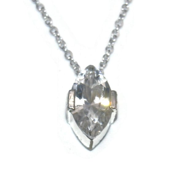 Vintage Silver Tone Solitaire Navette Marquise Cut Clear Open Back Pendant, Signed AVON on 18 inch Sterling Silver Plated Chain.