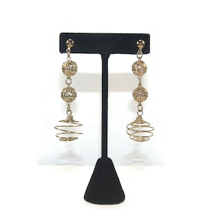 Vintage Gold Tone Dangle Earrings with Balls and Spring. Post Backs for Pierced Ears.