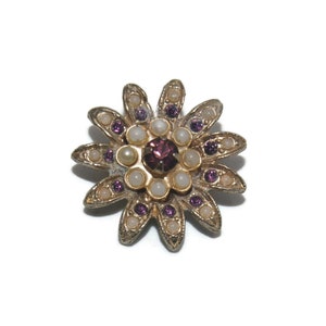 Vintage Gold Tone, Purple Glass and Faux Pearls Flower Brooch.