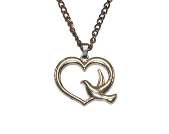 Vintage Copper Tone Heart and Dove Pendant on 20 Inch Chain.