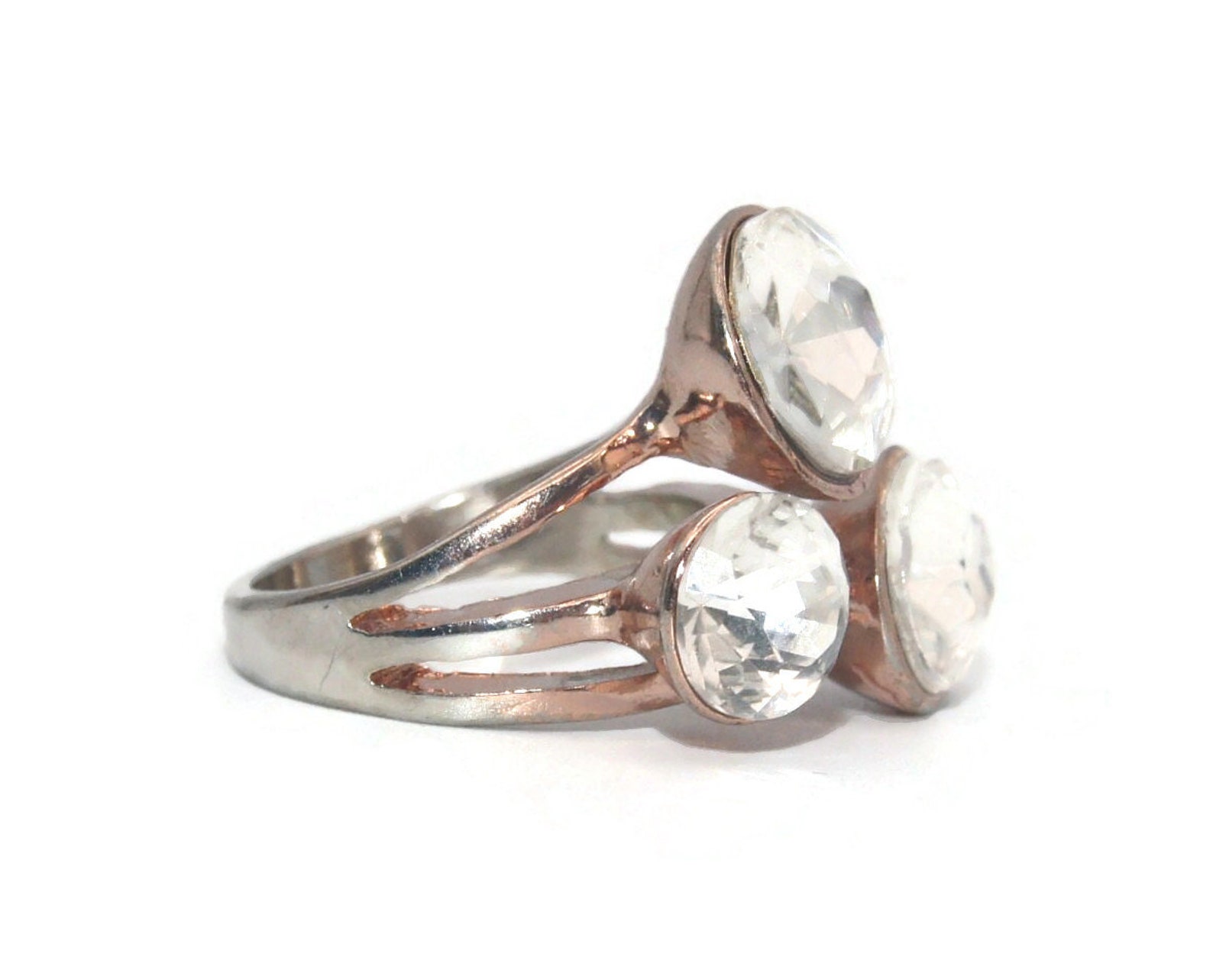 Vintage Silver and Gold Tone and 3 Clear Rhinestones Size 7 Statement ...