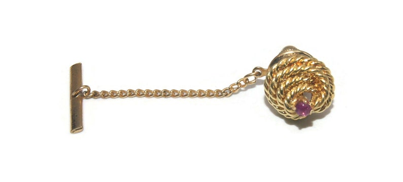 Vintage Gold Tone Coiled Knot and Round Garnet Tie Tack with Chain. image 4