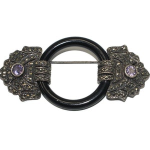 Art Deco Vintage Sterling Silver, Marcasite, Amethyst and Onyx Ring Brooch. Hallmarked FA SU.