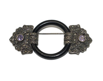 Vintage-Ringbrosche im Art-Deco-Stil aus Sterlingsilber mit Markasit, Amethyst und Onyx. Punziert mit FA SU.