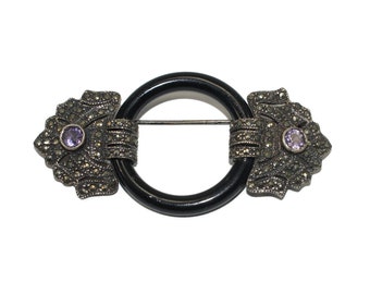 Art Deco Vintage Sterling Silver, Marcasite, Amethyst and Onyx Ring Brooch. Hallmarked FA SU.