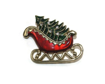 Vintage Gold Tone, Red and Green Enamel and Clear Rhinestones Christmas Tree in Sleigh Brooch.