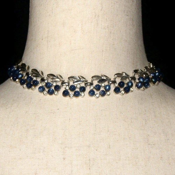 Vintage Silver Tone with Blue Beads and Clear Rhinestones 13 to 16 Inch Choker Necklace with Hook Clasp.