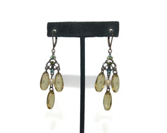 Vintage Gold Tone, Yellow Plastic, AB Rhinestones and Faux Pearl Chandelier Dangle Earrings with Latch Backs for Pierced Ears.