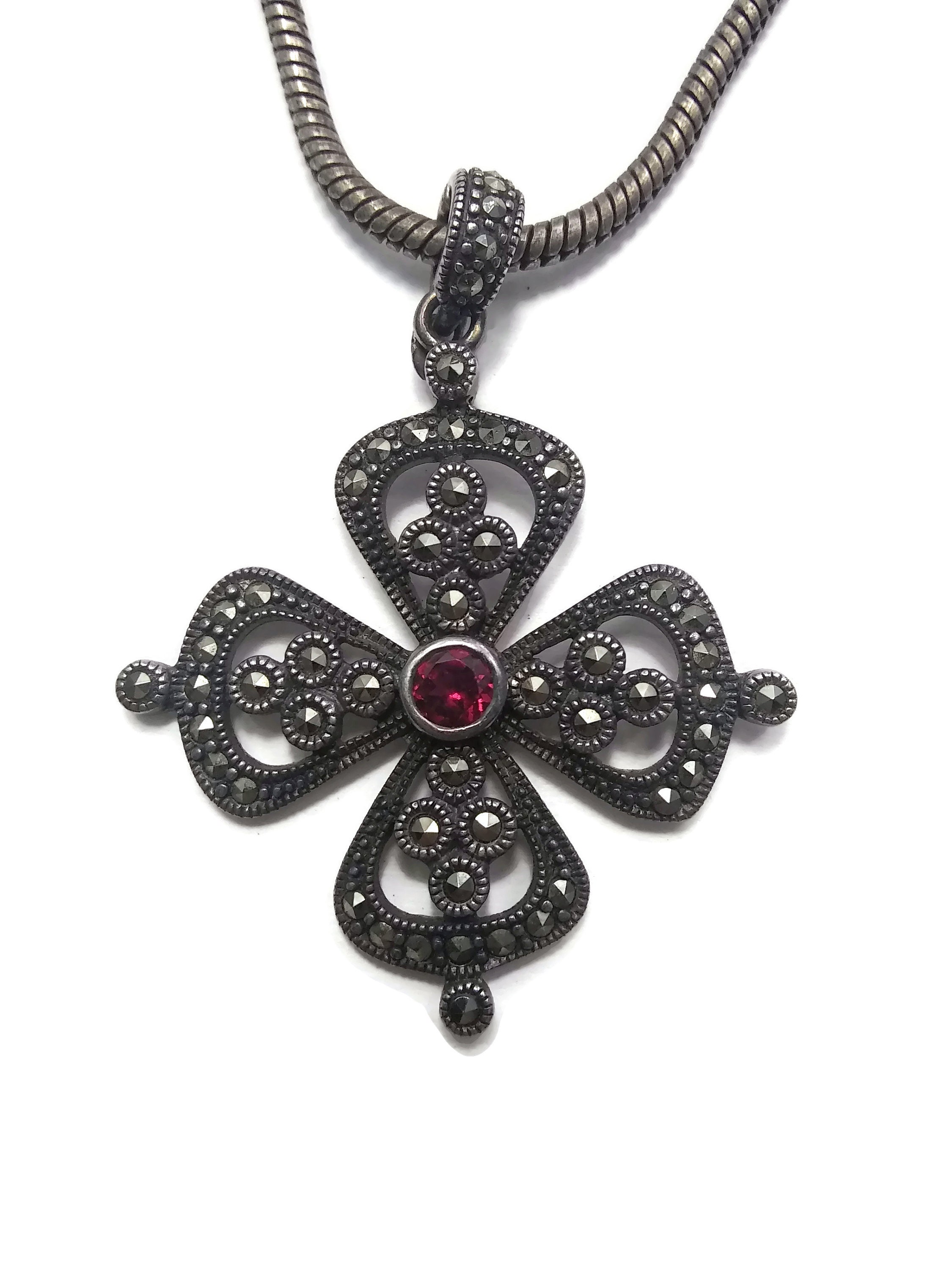 Vintage Sterling Silver Garnet and Marcasite Maltese Cross Pendant on ...