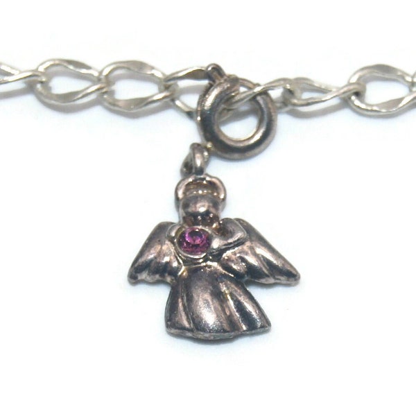 Vintage Premier Designs Silver Tone 7 Inch Charm Bracelet with Angel Charm and Pink Rhinestone and Lobster Claw Clasp. Crown PD Hallmark Tag