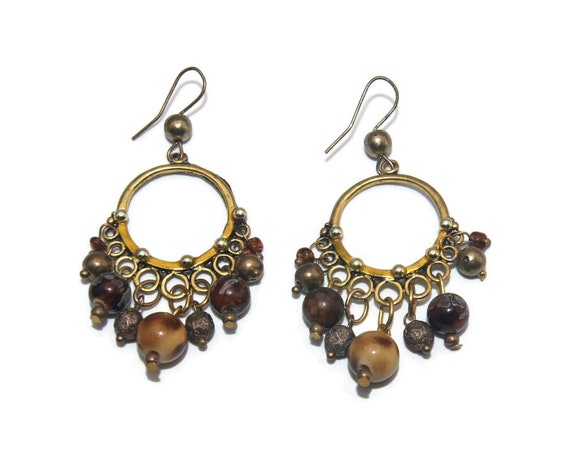 Boucles D'oreilles Pendantes Fait Main Avec Perles Vintage - Plastique Et Céramique - Neuf Sans Emballage