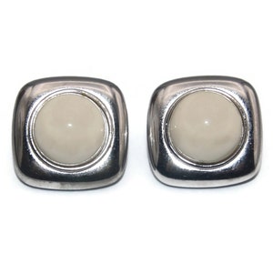 Vintage Monet Silver Tone and White Resin Cabochons Stud Earrings with Post Backs for Pierced Ears. Monet Hallmark.