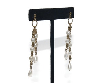 Vintage Gold Tone and Faux Pearls Dangle Earrings with Post Backs for Pierced Ears.