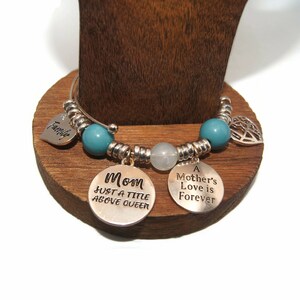 Vintage Silver Tone And Blue Beads 7 Inch Charm Bracelet &quot;Love, Family, Mom Just a Title Above Queen and Mother&#39;s Love is Forever&quot; Charms.