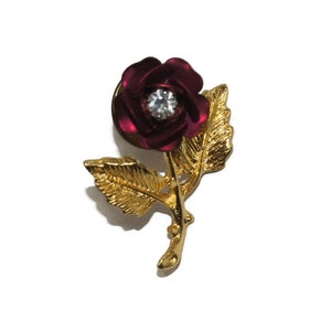 Vintage Gold Tone, Red Enamel and CZ Rose Flower Lapel Pin.