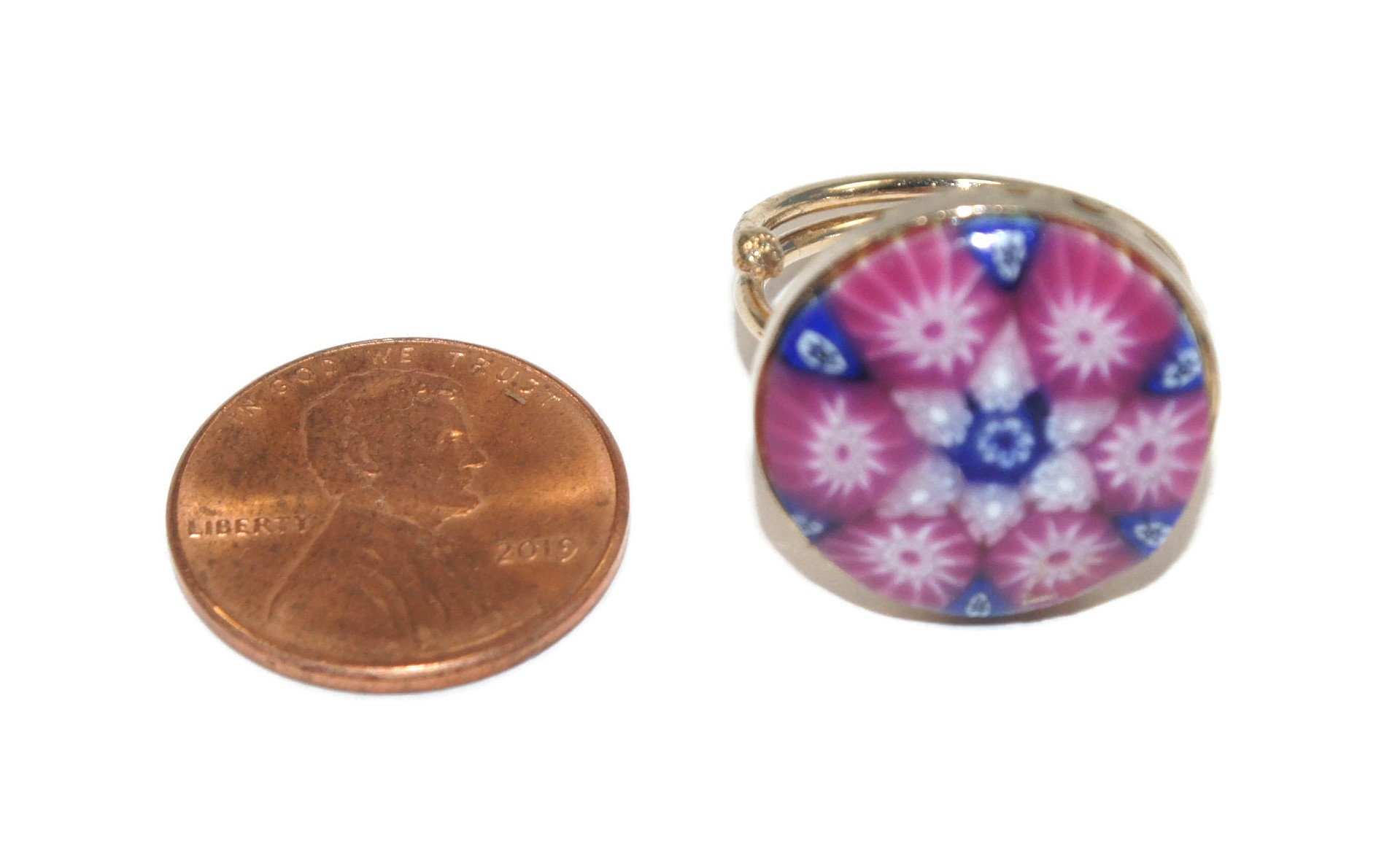 Bague Vintage Argentée Avec Inclusion Verre Millefiori - Taille 59 - Bijou Ancien Et Patiné