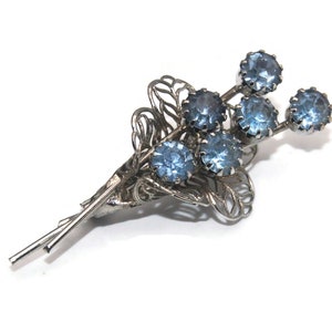 Vintage Silver Tone and Light Blue Rhinestones Floral Bouquet Brooch.
