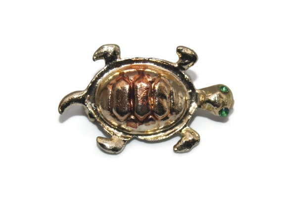 Vintage Gold Tone and Brown Enamel Turtle Brooch … - image 1
