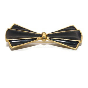 Simple Vintage Gold Tone and Black Enamel Bow Brooch.