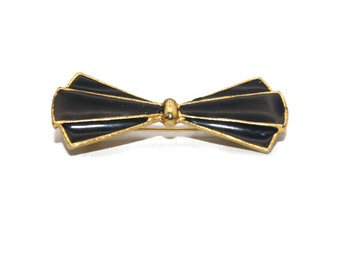 Simple Vintage Gold Tone and Black Enamel Bow Brooch.
