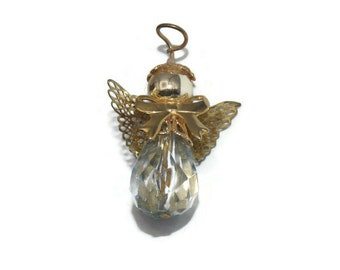 Vintage Gold Tone and Clear Faceted Plastic Angel Brooch.