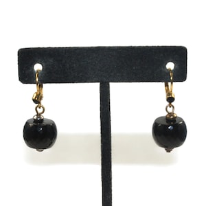 Vintage Gold Tone, Black Rhinestone and Black Plastic Dangle Earrings with Latch Backs for Pierced Ears.