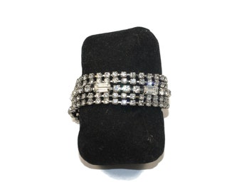 Vintage Silver Tone and Rhinestone 5 Row Bracelet with Slide Clasp and Safety Chain.