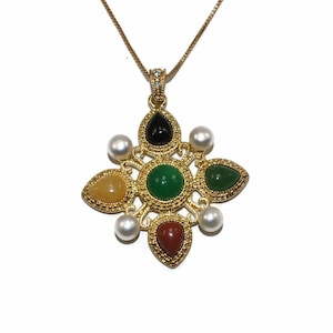 Vintage 14K Gold Plated Pendant with Pearls and Green, Red, Yellow and Black Jewel-Tone Stones on 18 Inch Gold Plated Italian Chain.