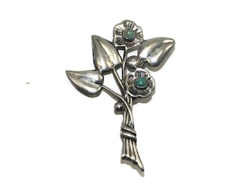 Vintage Sterling Silver and Turquoise Floral Brooch. Marked Silver Made in Mexico.