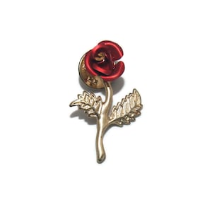 Vintage Red Rose Pin with Gold Stem and Leaves Lapel Scatter Brooch Pin.